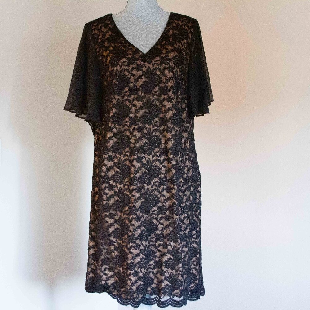 Flutter Sleeve V Neck Lace Dress - Black Tan - 14W